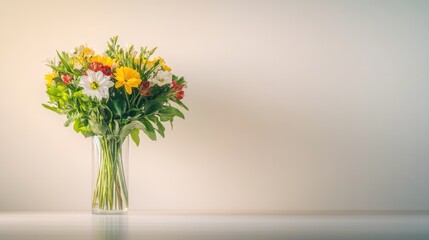 Naklejka premium Bright bouquet featuring vibrant flowers in clear glass vase on