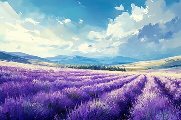 Obraz premium Lavender Field Under Blue Sky with Clouds, Serene Provence Landscape