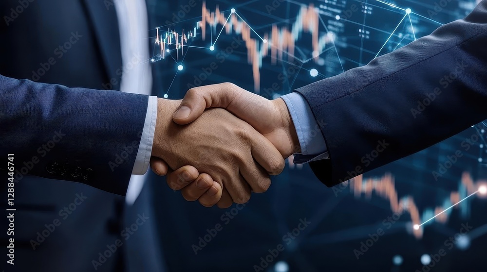 Poster a business man in a suit shaking hands, surrounded by a digital network of connections, stock market