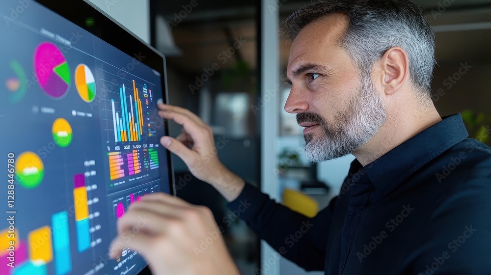 Poster a businessman interacting with a digital touchscreen displaying vibrant charts