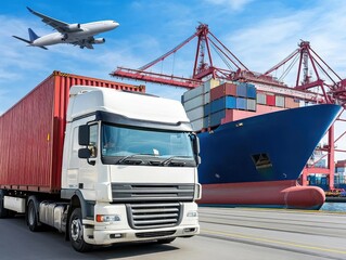A bustling ship port scene featuring a container truck beside a cargo ship, cranes in action, and planes overhead, capturing the dynamic energy of logistics and transport industry
