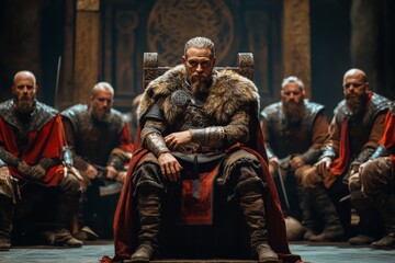Naklejka premium Group of warriors gathered in a dimly lit hall with a central figure on a throne during a medieval ceremony