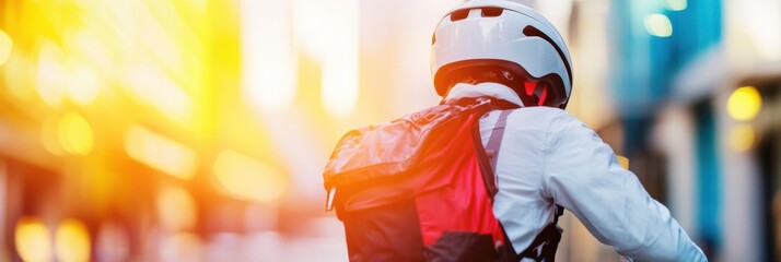 Urban Sustainability Shift Professional Courier on Trendy Cargo Bike Amidst Modern Cityscape - Efficient Last-Mile Logistics for Eco-Friendly Urban Deliveries