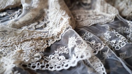 Obraz premium A close-up of delicate white lace on a sheer white fabric.