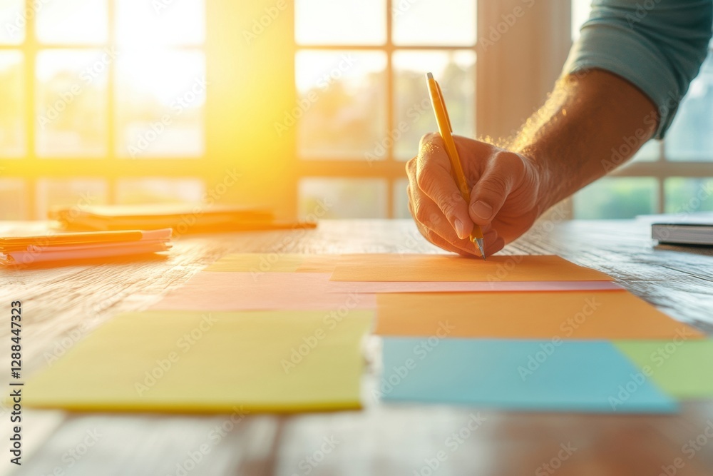Fototapete Sunlit Workspace Harmony Vibrant Sticky Notes on Rustic Table in Collaborative Office Setting - Inspiring Teamwork and Innovative Planning for Modern Business Solutions