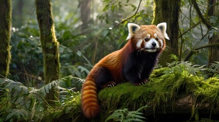 Cuddly Red Panda Nestled on a Moss-Laden Branch in a Mystical Forest Setting