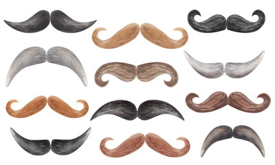 Watercolor illustrations. Set of moustaches. Hand painted black, brown, red and grey moustaches. Facial hair. Barbershop, salon. Father's Day. Isolated clip art on white background