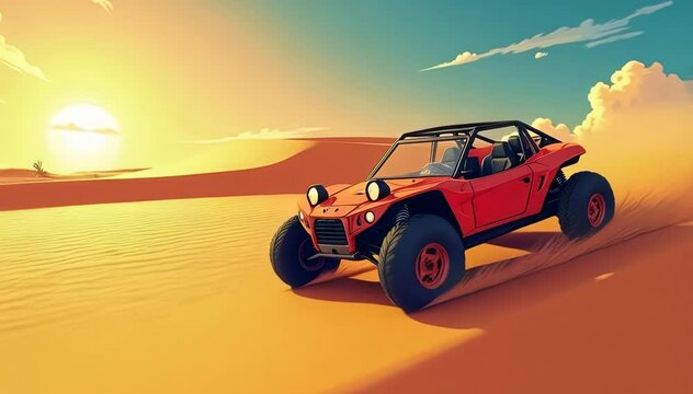 Sunset cartoon dune bashing adventure in a desert landscape with off-road vehicle, sand buggy