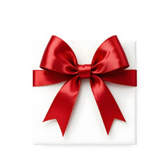 Red ribbon bow for gift box decoration, elegant festive ornament, shiny red ribbon with bow, isolated on white background