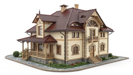 3D Render Two-Story House with Brown Roof, Beige Brick, Isometric View, Architectural Design, Home Design. House rendering, 3D model House rendering, 3D model
