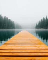 Fototapeta premium Minimalist Nature Retreat Rustic Wooden Dock Over Serene Lake - Tranquil Escape for Modern Wellness Retreats and Eco-Tourism Marketing