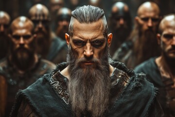 Obraz premium Group of warriors with intense expressions gathered in a dark forest setting during a historical reenactment or film shoot