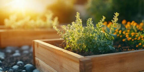 Eco-Chic Urban Garden Wooden Raised Planter Beds Cultivating Vegetables in Sunlit Community Spaces - Sustainable Agriculture and Modern Urban Green Solutions