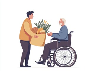 Kindness and Care: Young Man Assisting Elderly Person in Wheelchair with Groceries