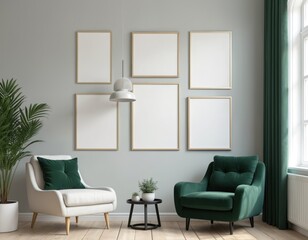 Six interior vertical rectangular poster mockups arranged on wall with plant and armchairs. Scandinavian room design template, space to showcase artwork. Modern home decor with empty frames.
