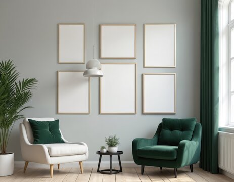 Six interior vertical rectangular poster mockups arranged on wall with plant and armchairs. Scandinavian room design template, space to showcase artwork. Modern home decor with empty frames.