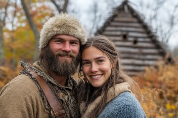 Fototapeta premium Smiling couple in winter clothing near rustic cabin during autumn in nature