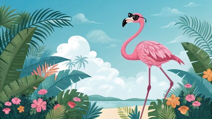 Naklejka premium Cool Flamingo on Tropical Beach Digital Illustration, Palm Leaves, Flowers, Ocean View, Summer Vibe Flamingo, Tropical