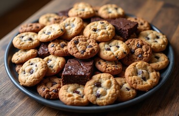 Close-up of mouthwatering platter with chocolate chip cookies, brownies. Fresh pastry assortment, homemade baked goods on plate. Delicious confectionery with sugar, vanilla, chocolate. Perfect for