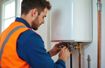 Plumber installs water heater at new home. Caucasian worker in workwear repairs, fixes boiler pipes with wrench tool. Handyman repairs plumbing system. Technician adjusts equipment, maintains service.