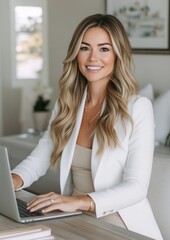 Confident businesswoman working on a laptop in a modern office