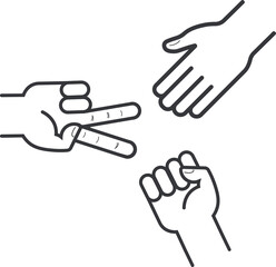 An isolated outline illustration of hand gestures representing rock, paper, and scissors, a symbolic game of chance, strategy, and decision-making