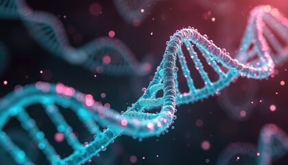 Closeup of cell DNA molecular structure with science, medicine concepts. Blue deoxyribonucleic acid helix string diagram. Scientific research genetics engineering abstract background. Perfect for