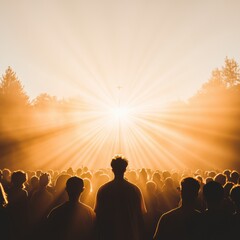 Fototapeta premium Vibrant Crowd Silhouette Gathered in Radiant Worship Communal Faith Expression with Cross Emblem and Dynamic Lighting - Event Marketing and Cultural Engagement Content