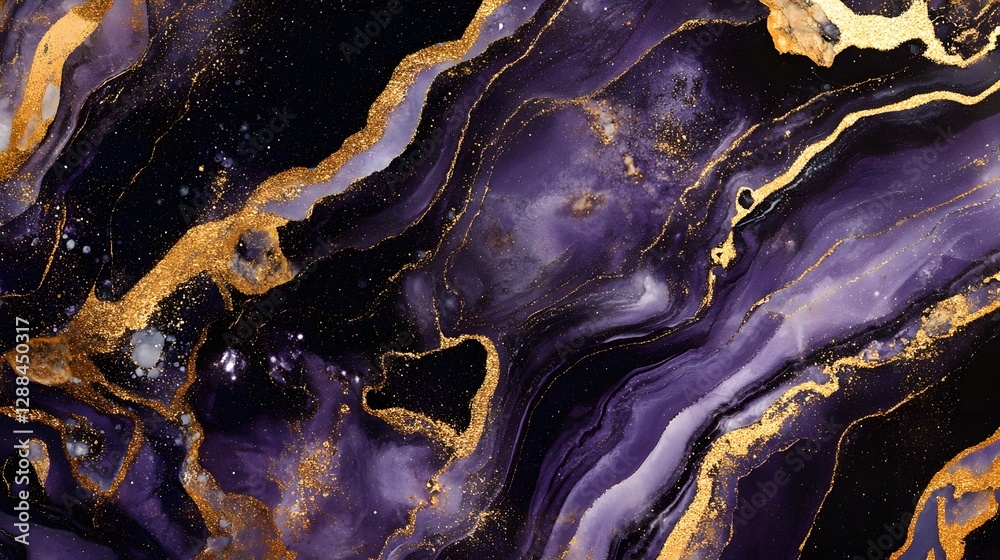 Aufkleber Mesmerizing prismatic marble texture featuring flowing waves of amethyst and shimmering golden accents creating a captivating and dynamic abstract background perfect for luxury fashion