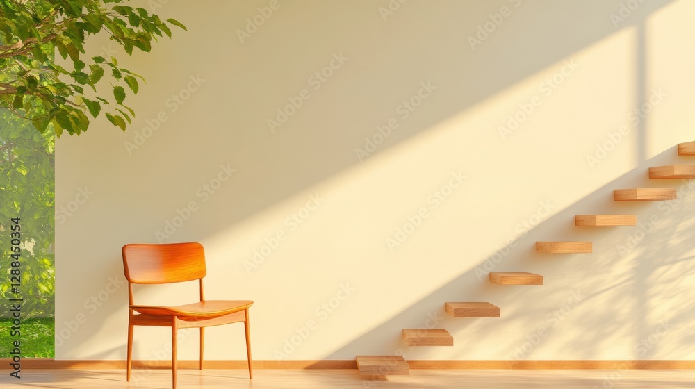 Poster minimalist floating staircase design elegant wooden steps in open-plan space with natural light and 