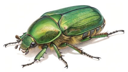 Fototapeta premium Green June Beetle Detailed Watercolor Illustration, Insect Anatomy, Macro Photography, Nature Insect, Beetle