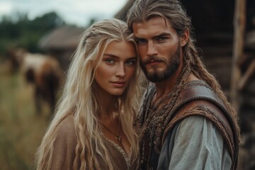 Naklejka premium Romantic couple poses for a portrait in rustic outdoor setting during overcast day