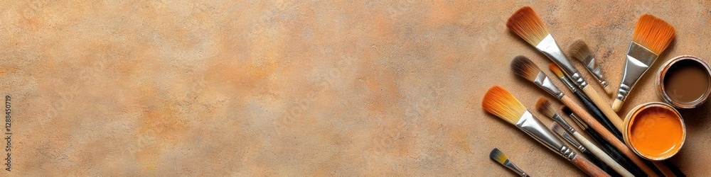 Poster artisan workspace chic distressed wooden table with scattered paintbrushes and splatter - creative c