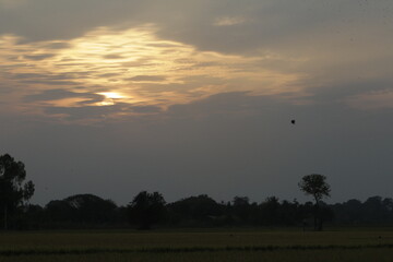 a sunset seen in the sky over a rice field in nakhon sawan province, north of bangkok on february 23, 2025..