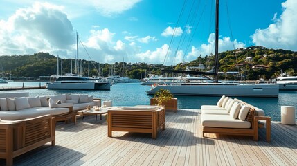 Fototapeta premium Luxury Waterfront Deck with Exquisite Furniture
