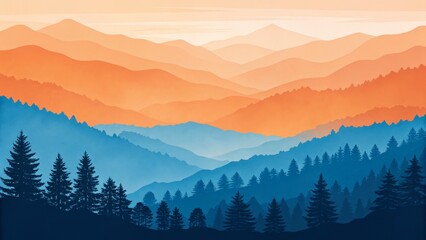 Obraz premium Layered Mountain Range Silhouette Digital Painting, Blue and Orange Hues, Nature Landscape, mountains, landscape
