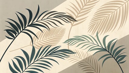 Minimalist Palm Leaves Composition Beige and Teal Abstract Art Print, Tropical Leaf Design, Boho Decor Palm Leaves, Minimalist Art