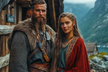 Obraz premium Viking couple in traditional attire poses near fjord with stunning mountains in the background during a cloudy day