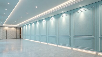 Obraz premium Modern Minimalist Interior Design Panelled Wall, Recessed Lighting, Concrete Floor, Blue Walls, Interior Architecture Interior Design, Architectural Rendering