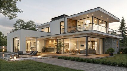 Fototapeta premium Modern Two-Story House Night Exterior and Interior Design, Architectural Visualization, 3D Rendering, keyword1 Modern House, keyword2 Home Design