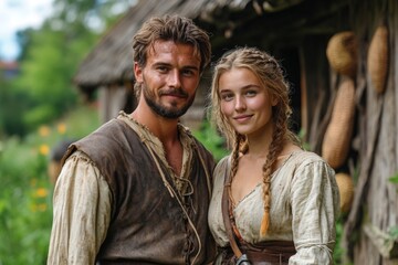 Obraz premium Couple dressed in medieval attire standing near traditional wooden cottage in a lush green countryside