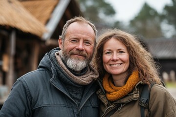 Fototapeta premium Couple enjoying a peaceful day outdoors near traditional wooden houses in a rural area during autumn