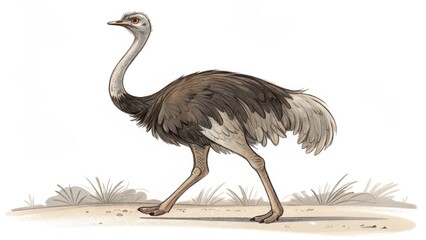 Rhea Illustration Watercolor, Side Profile, Walking Bird, Wildlife Art, Rhea americana Rhea, Bird Illustration