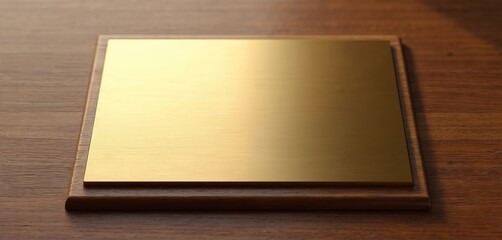 Shiny gold plaque resting on wooden surface. Award background for recognition or achievement. Trophy sign with brass plate is great for office decor. Celebrate success with sleek, vintage design.
