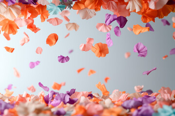 Falling flower petals gently float in the air, creating a dreamy atmosphere of lightness and beauty. Soft pastel tones emphasize grace, romance, and floral elegance.