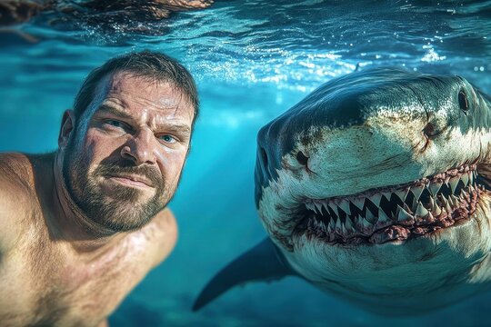 A man swimming underwater with the giant megalodon shark, a scary movie posterworthy concept art piece The image is epic and cinematic, with a realistic and dramatic style