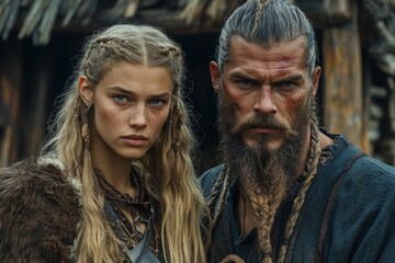 Fototapeta premium Strong warrior couple stands together in a rugged village setting during a dramatic moment