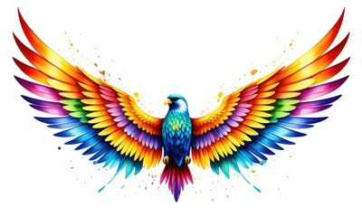 Obraz premium Vibrant rainbow feathered bird with spread wings and splatter effect