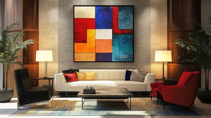 A stylish hotel lounge with modern art pieces and a refined color palette.