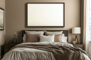 A minimalist bedroom with soft beige tones, featuring a large framed empty canvas above the bed and simple decor for a calming effect
